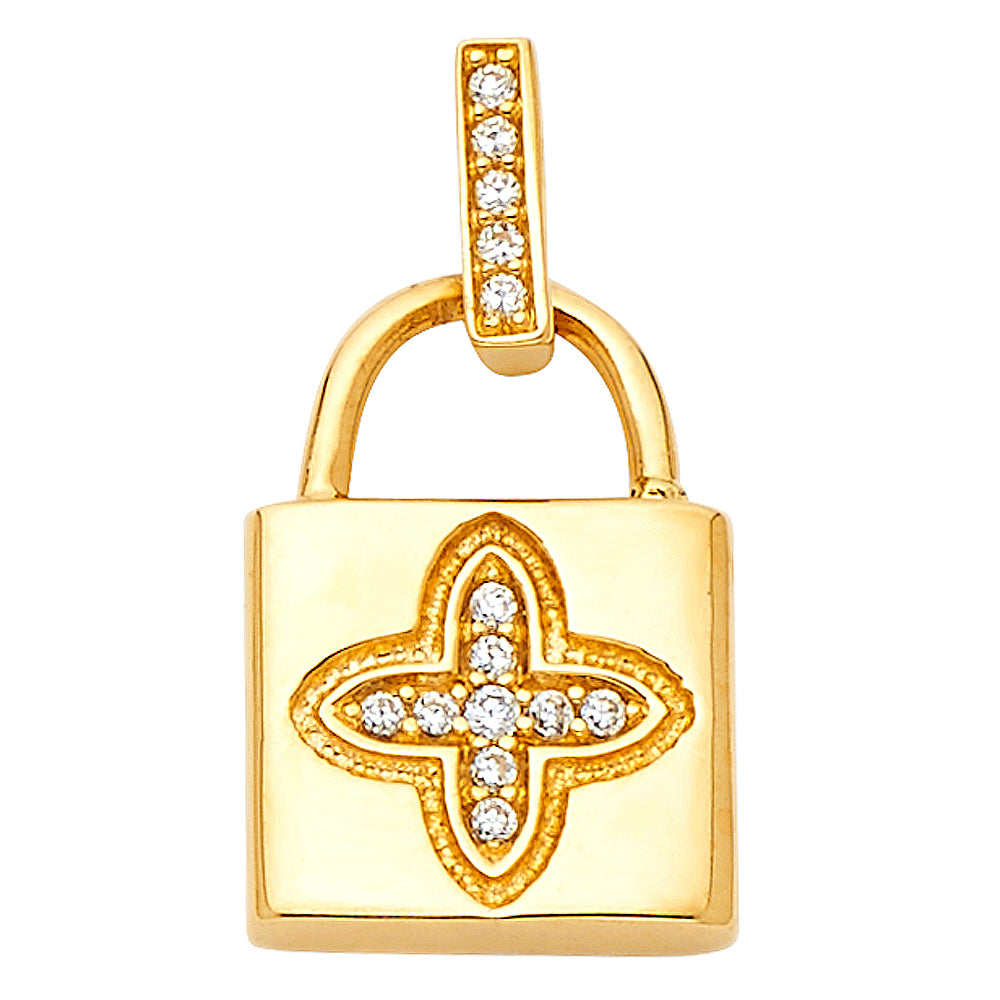 14K Yellow Gold CZ Lock Pendant