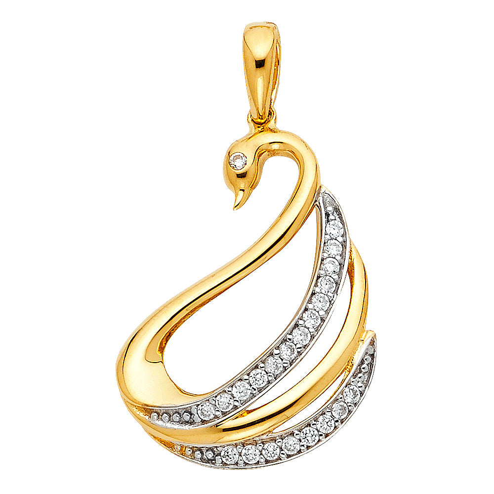 14K Two Tone Gold CZ Swan Pendant