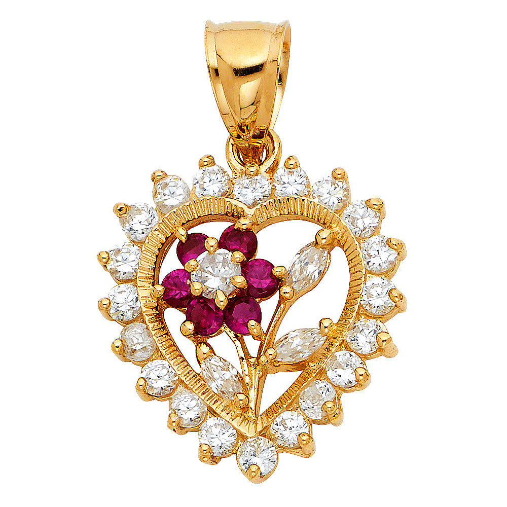 14K Yellow Gold CZ Heart W/ Flower Pendant