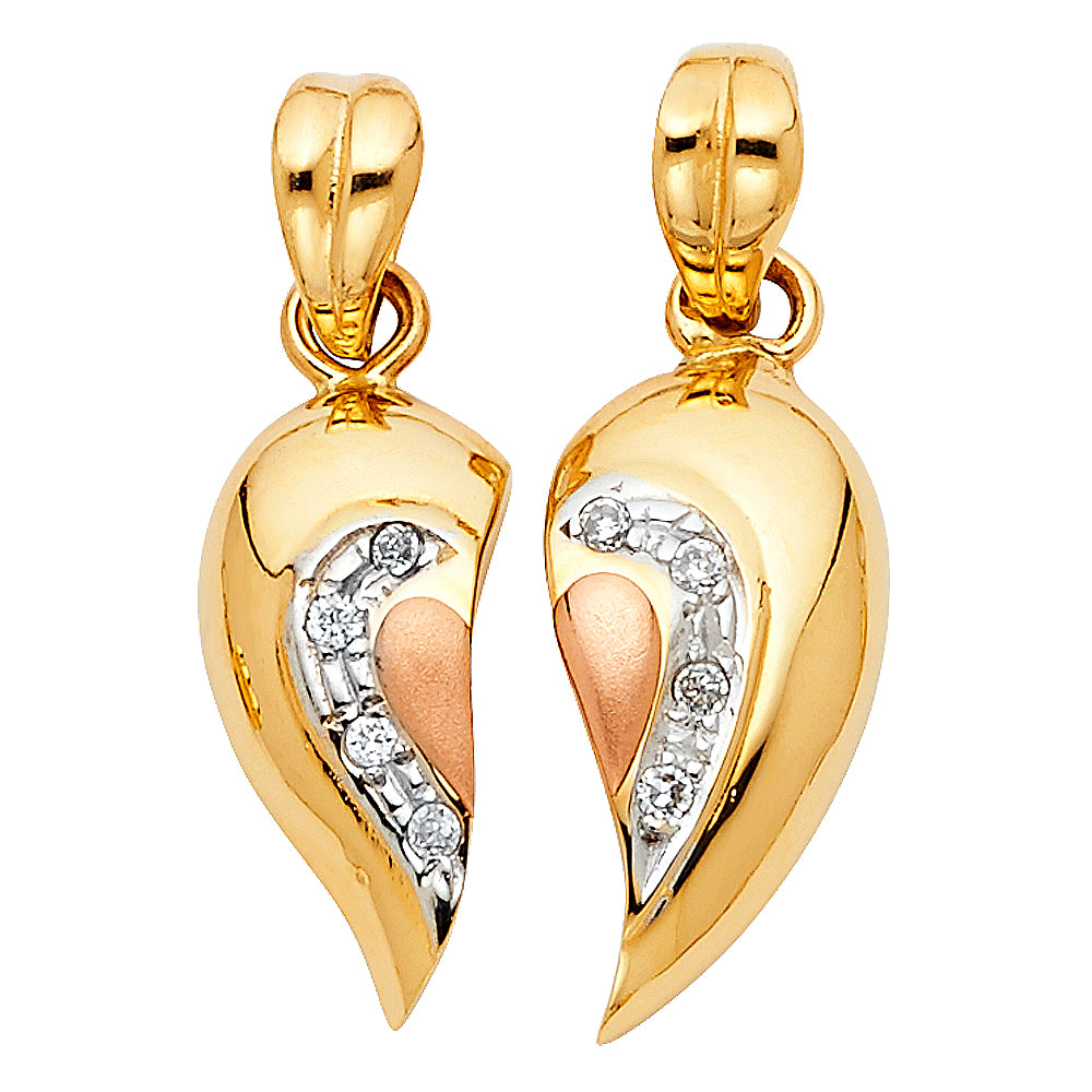 14K Two Tone Gold CZ Heart 2 Piece Pendant Set
