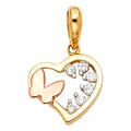 14K Two Tone Gold CZ Heart W/ Butterfly Tiny Pendant