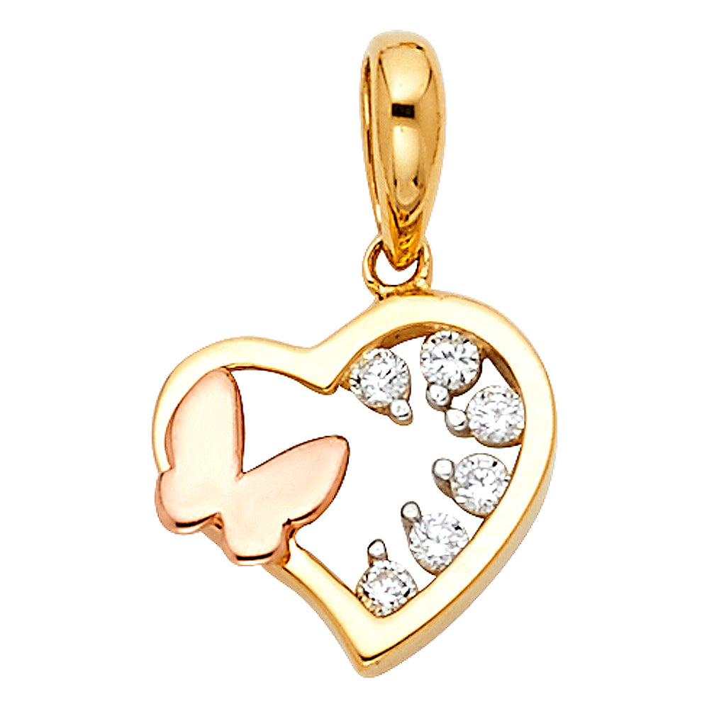 14K Two Tone Gold CZ Heart W/ Butterfly Tiny Pendant