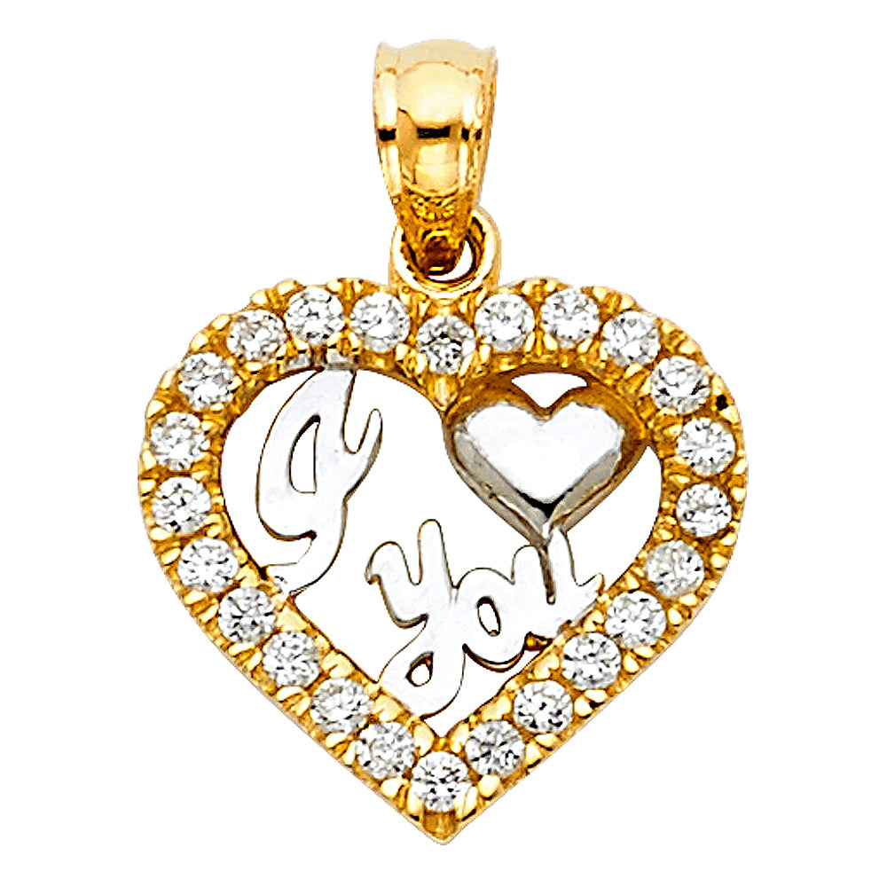 14K Two Tone Gold CZ I Love You Heart Pendant