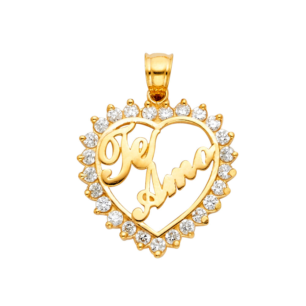 14K Yellow Gold CZ Te Amo Heart Pendant