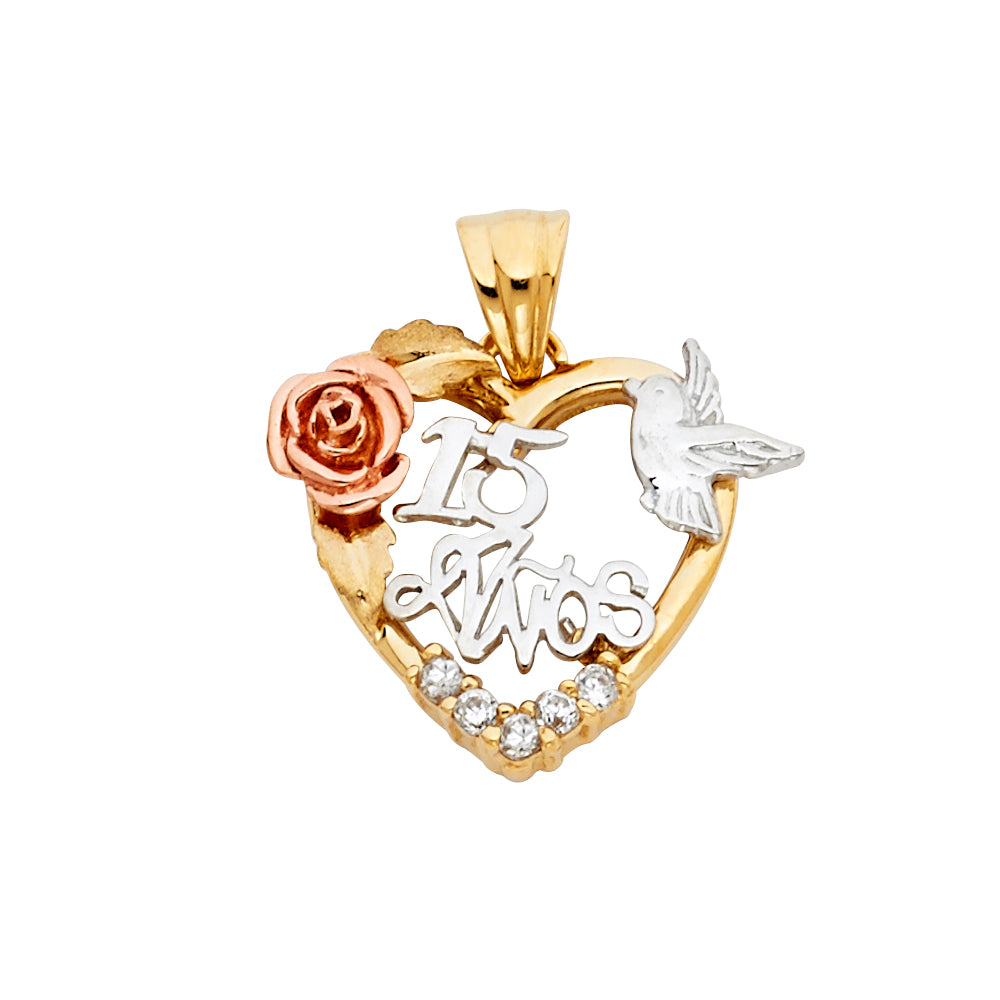 14K Yellow White Rose Gold CZ 15 Years Heart Pendant