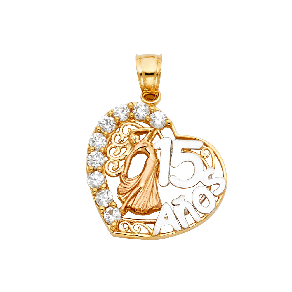 14K Yellow White Rose Gold CZ 15 Years Heart Pendant