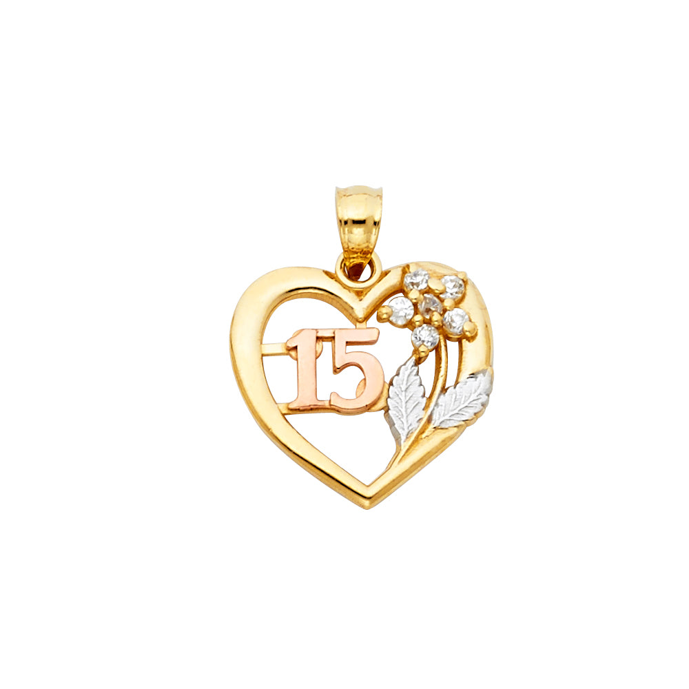 14K Yellow White Rose Gold CZ 15 Years Heart Pendant