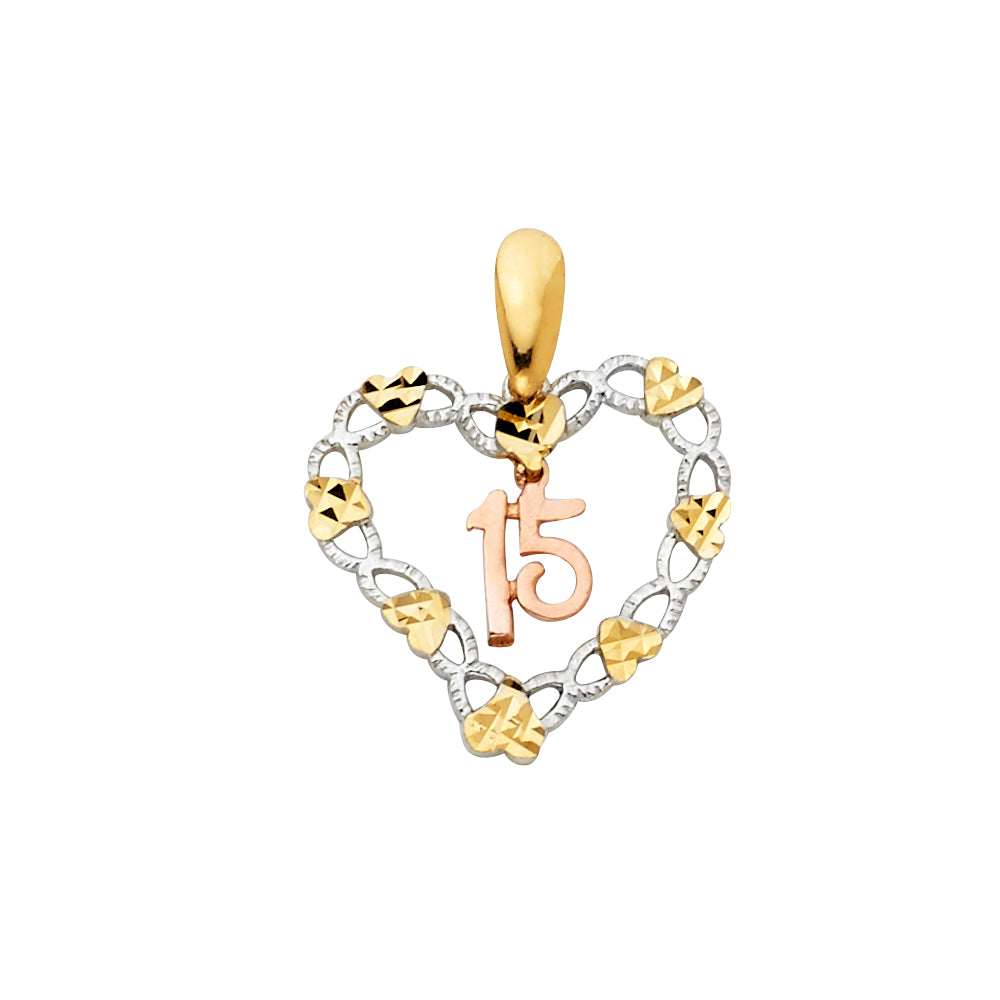 14K Yellow White Rose Gold 15 Years Heart Pendant