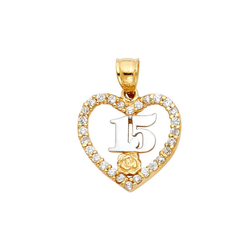 14K Two Tone Gold CZ 15 Years Heart Pendant