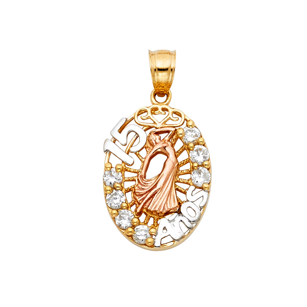 14K Yellow White Rose Gold CZ 15 Years Pendant