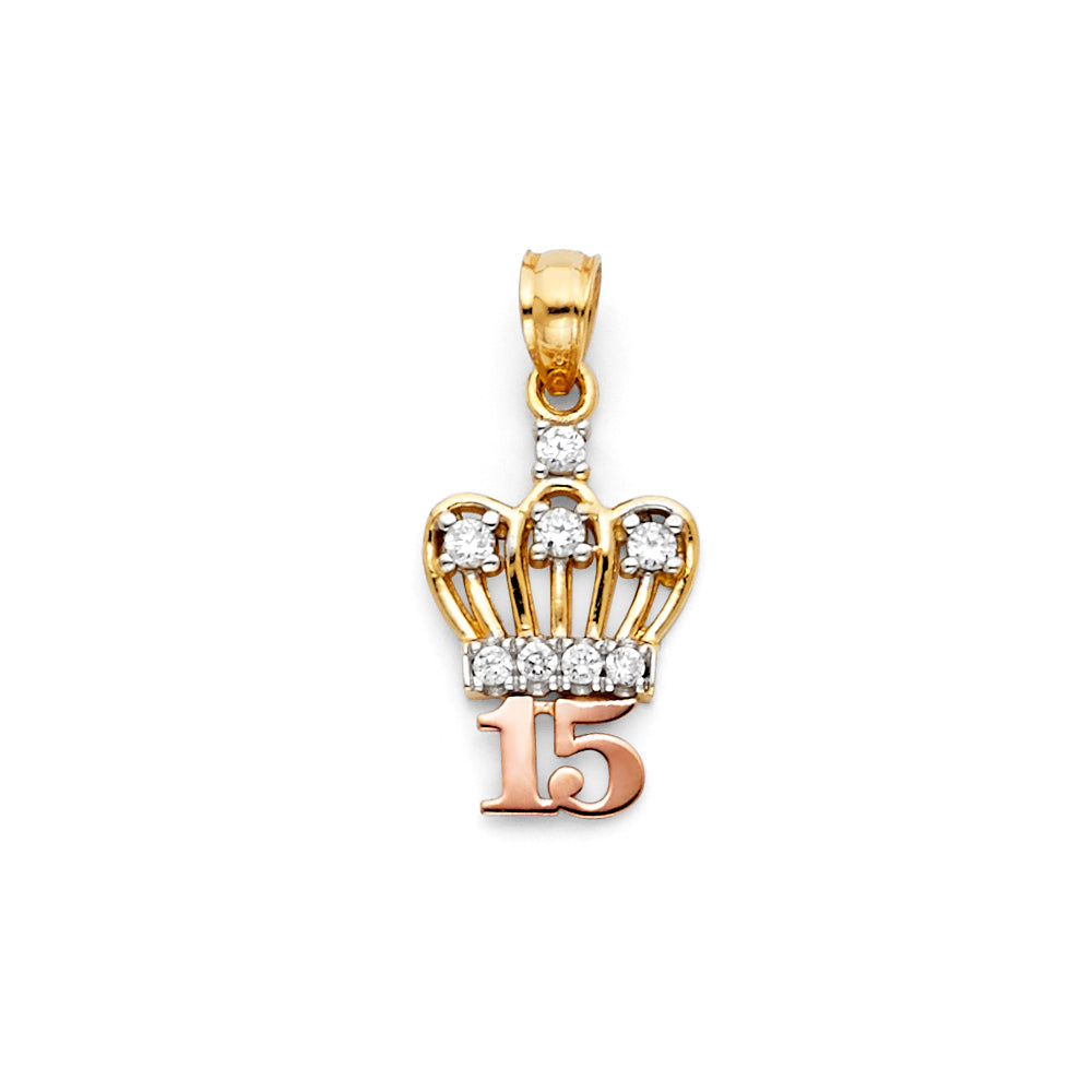 14K Yellow White Rose Gold CZ 15 Years Crown Pendant