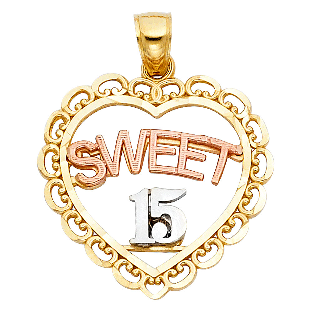 14K Yellow White Rose Gold 15 Years Heart Pendant