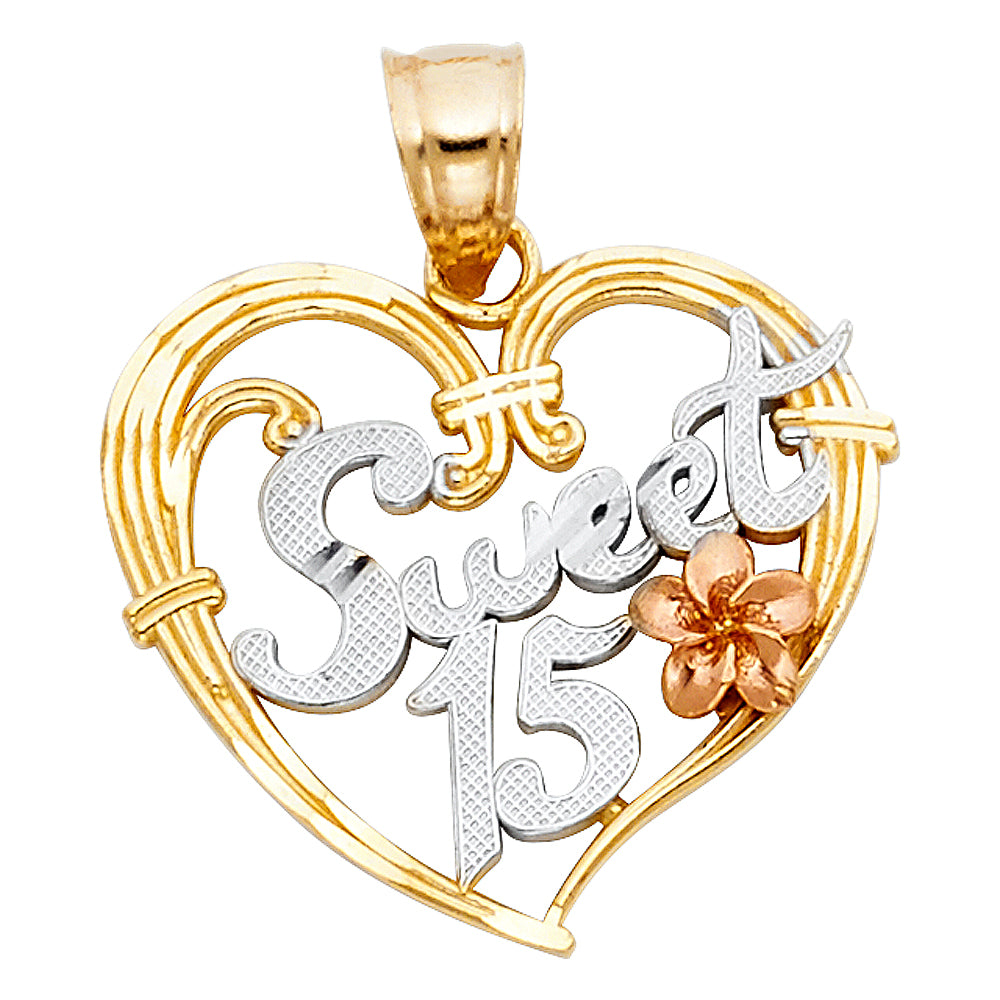 14K Yellow White Rose Gold 15 Years Heart Pendant