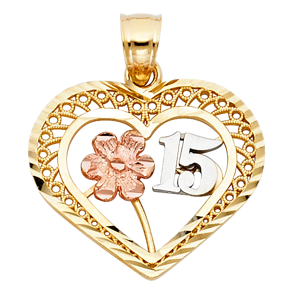 14K Yellow White Rose Gold 15 Years Heart Pendant