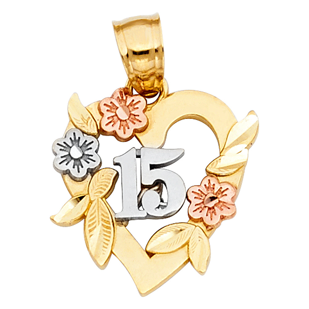 14K Yellow White Rose Gold 15 Years Heart Pendant