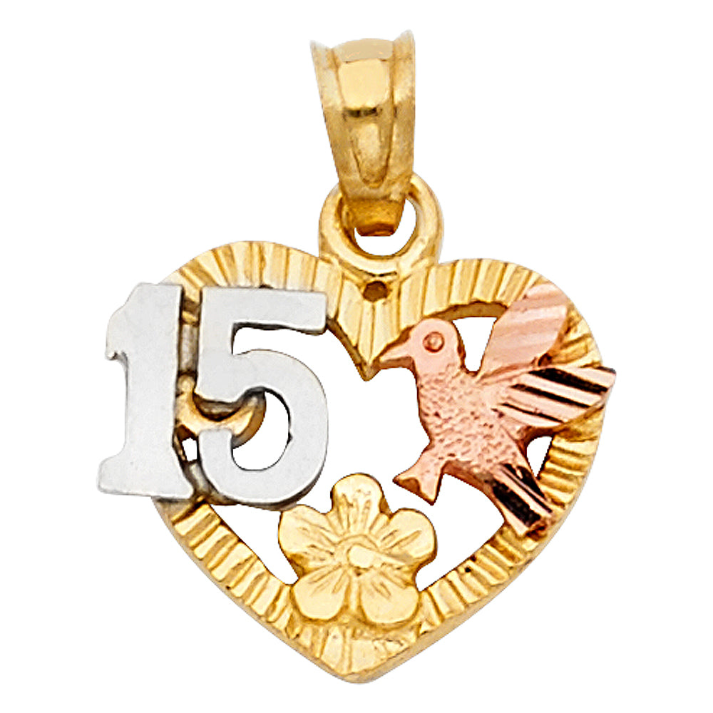 14K Yellow White Rose Gold 15 Years Heart Pendant