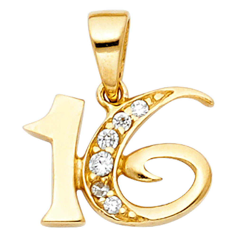 14K Yellow Gold CZ 16 Years Pendant