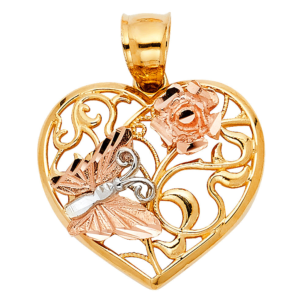 14K Yellow White Rose Gold Heart W/ Butterfly Pendant