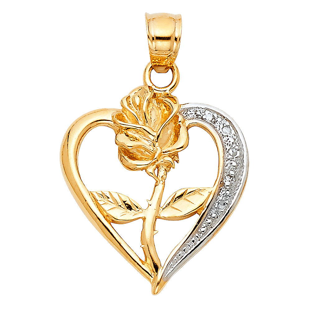 14K Two Tone Gold Heart W/ Rose Pendant