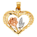 14K Yellow White Rose Gold Heart W/ Rose Pendant