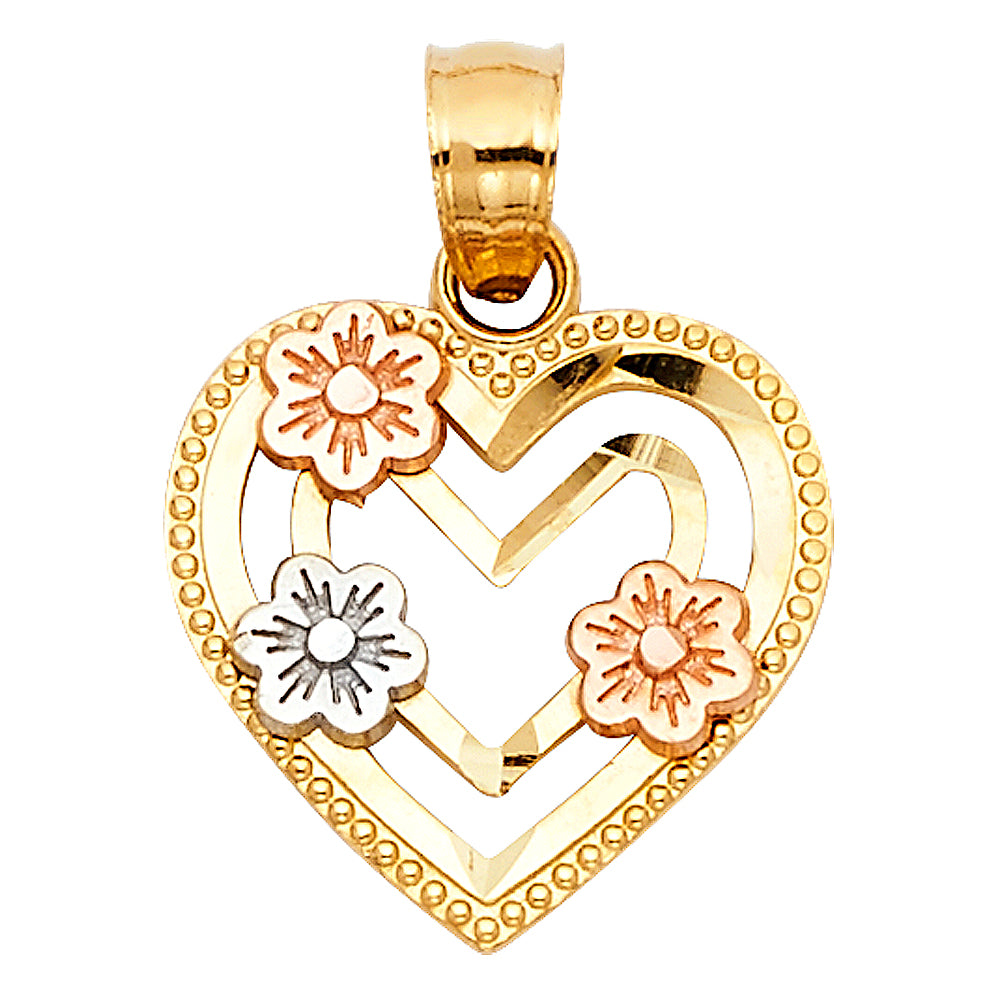 14K Yellow White Rose Gold Heart W/ Flower Pendant