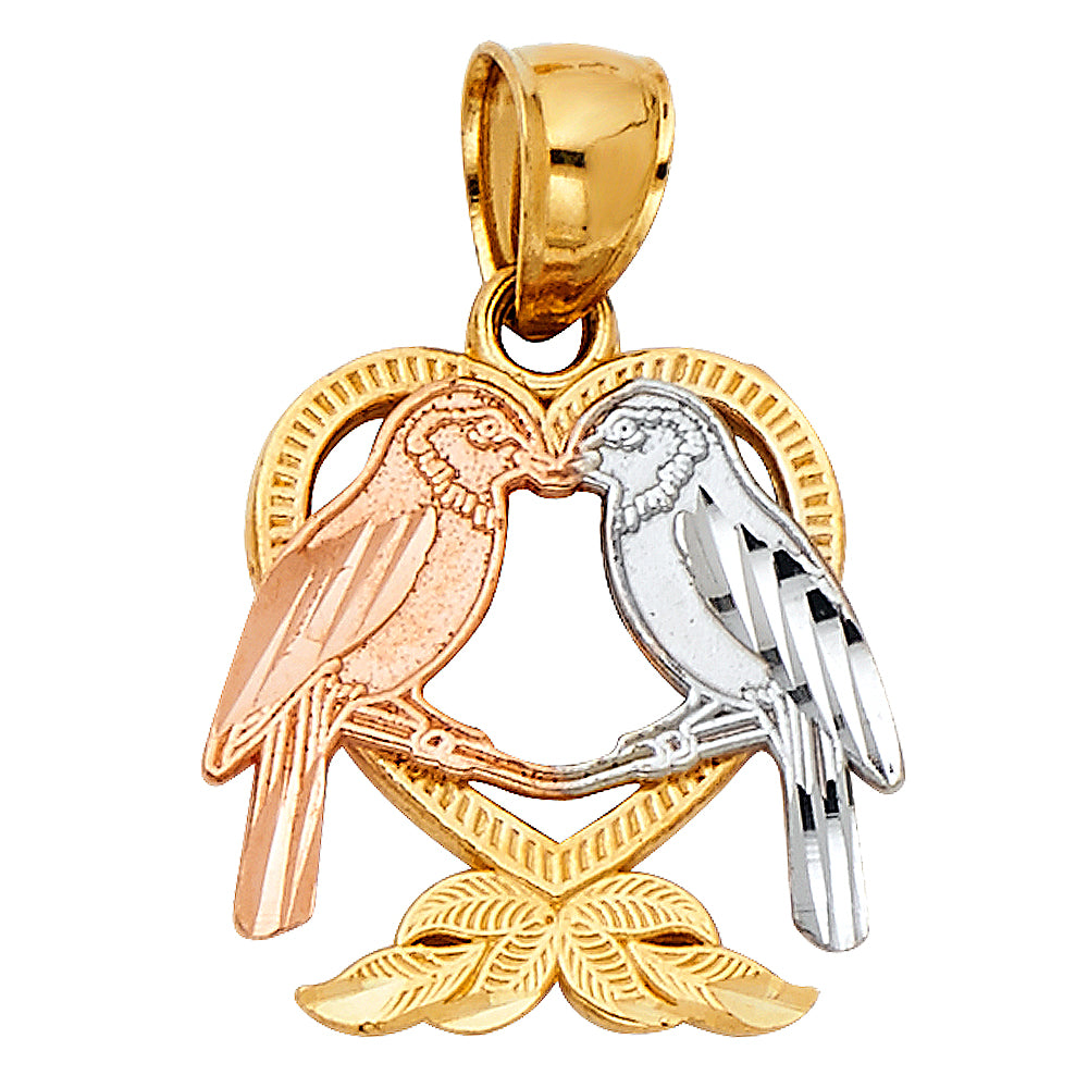 14K Yellow White Rose Gold Heart W/ Bird Pendant