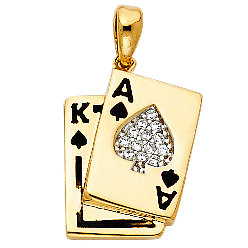 14K Yellow Gold CZ Spade A & K Card Pendant