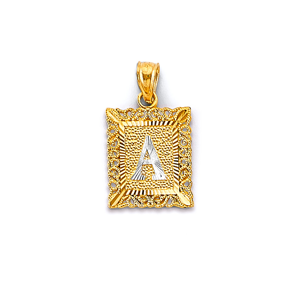 14K Two Tone Gold Initial Square Pendant (A - Z)