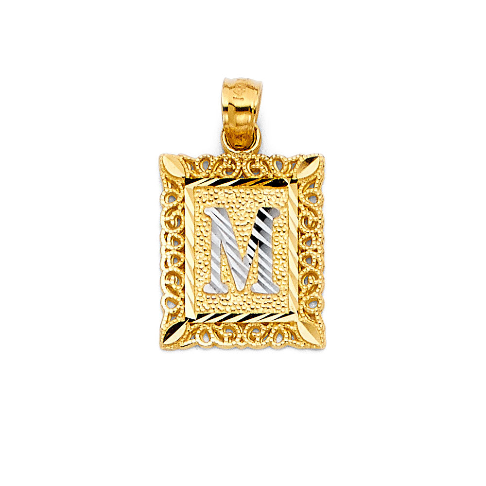 14K Two Tone Gold Initial Square Pendant (A - Z)