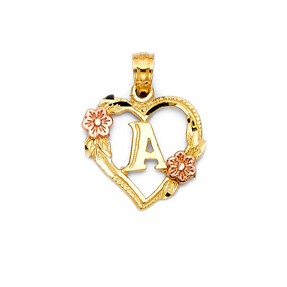 14K Two Tone Gold Initial Heart Pendant (A - Z)