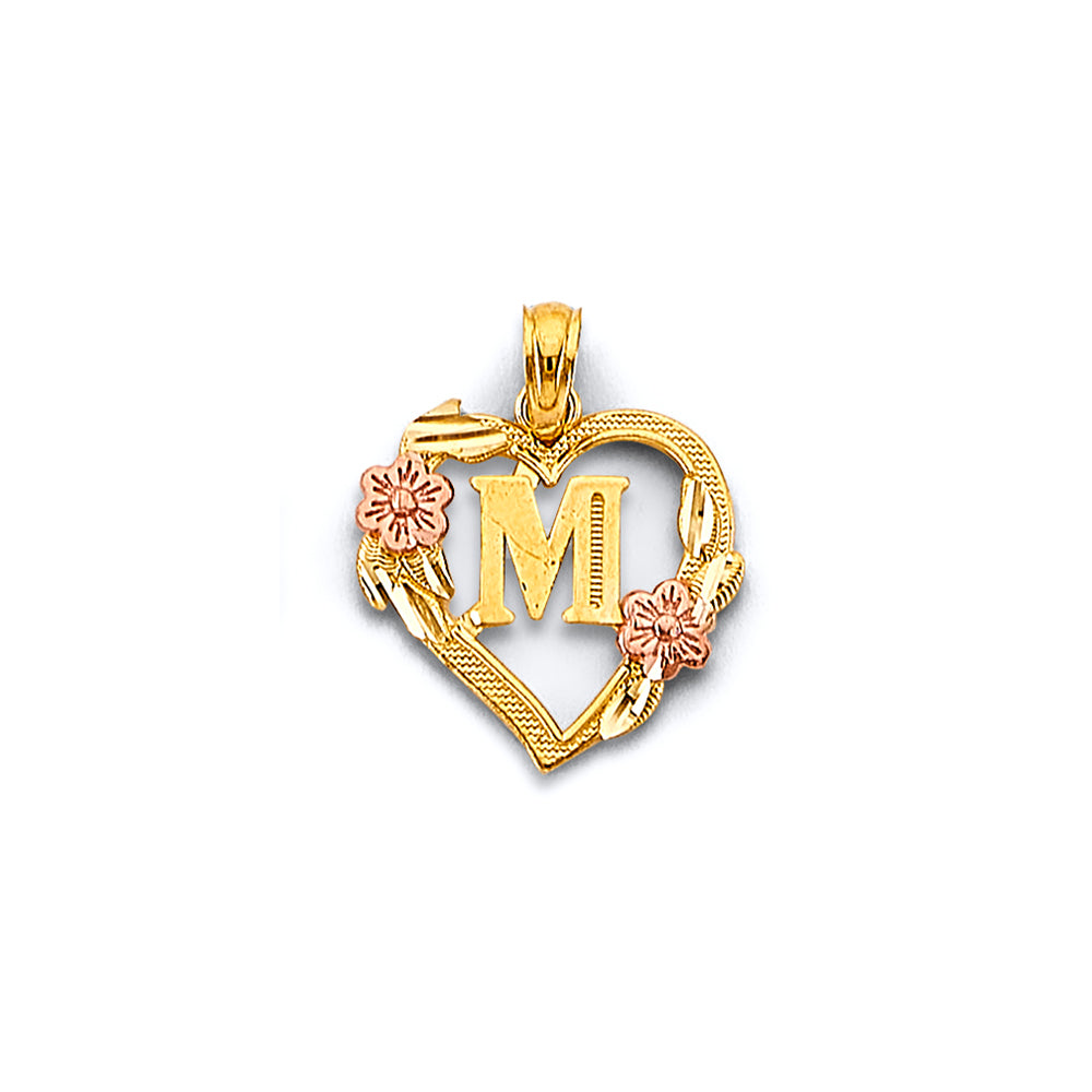14K Two Tone Gold Initial Heart Pendant (A - Z)