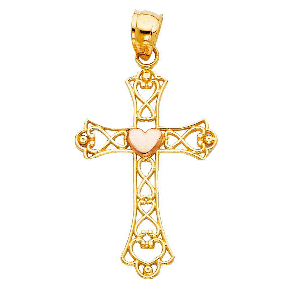 14K Two Tone Gold Heart Cross Pendant