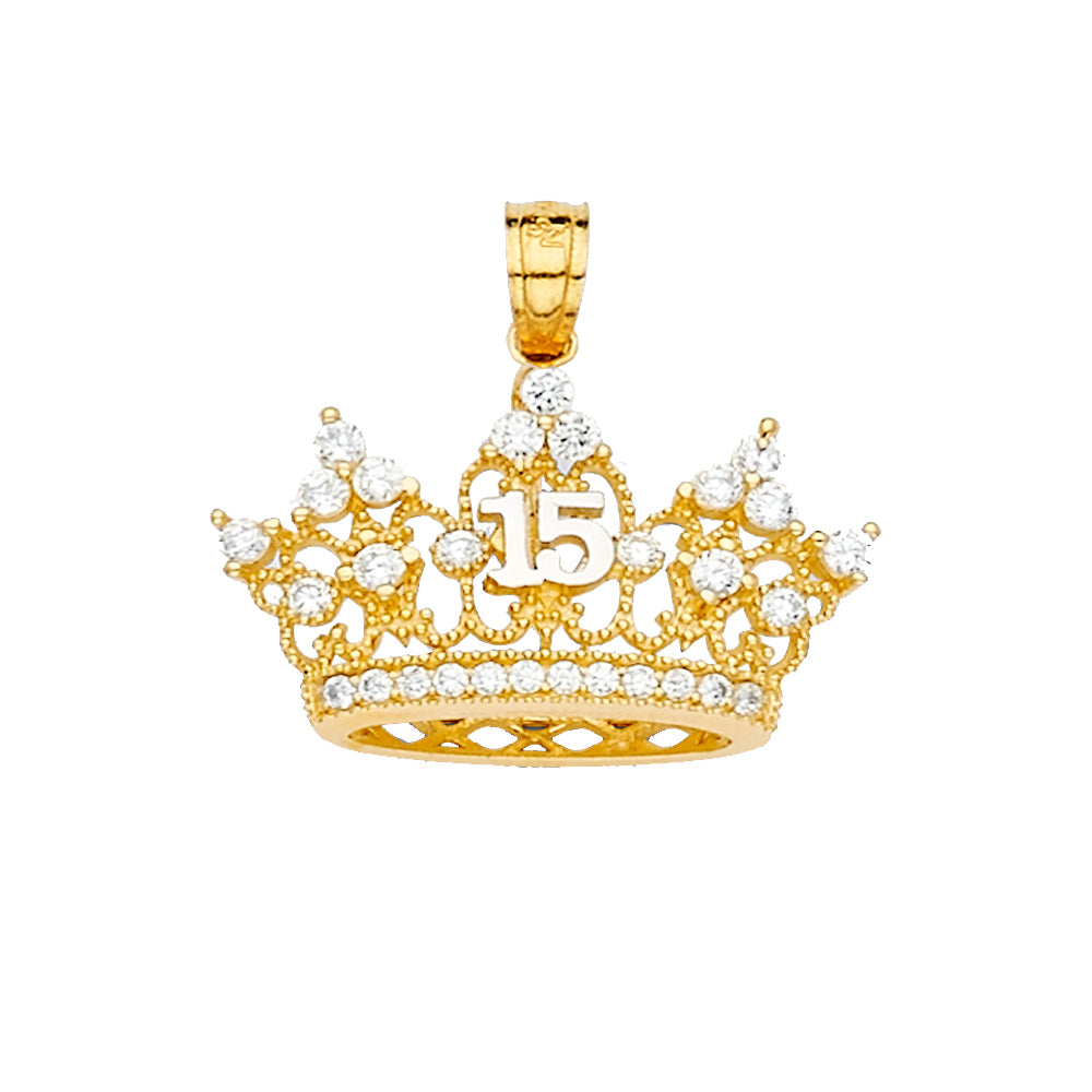 14K Yellow Gold 15 Years CZ Crown Pendant