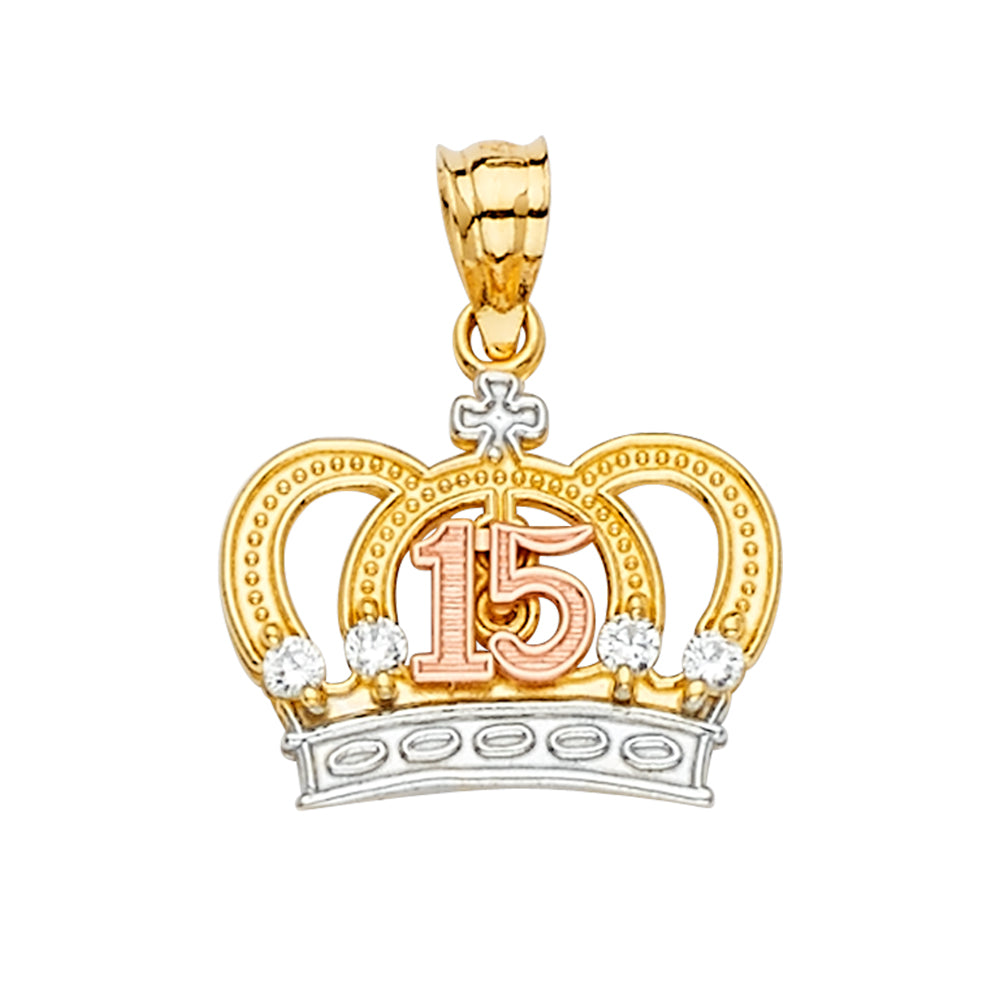 14K Yellow White Rose Gold 15 Years CZ Crown Pendant