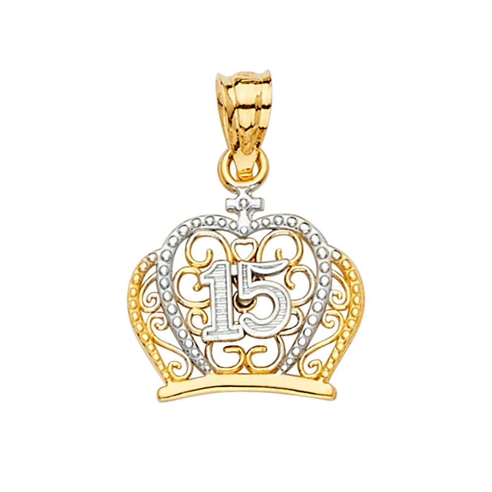14K Two Tone Gold 15 Years CZ Crown Pendant