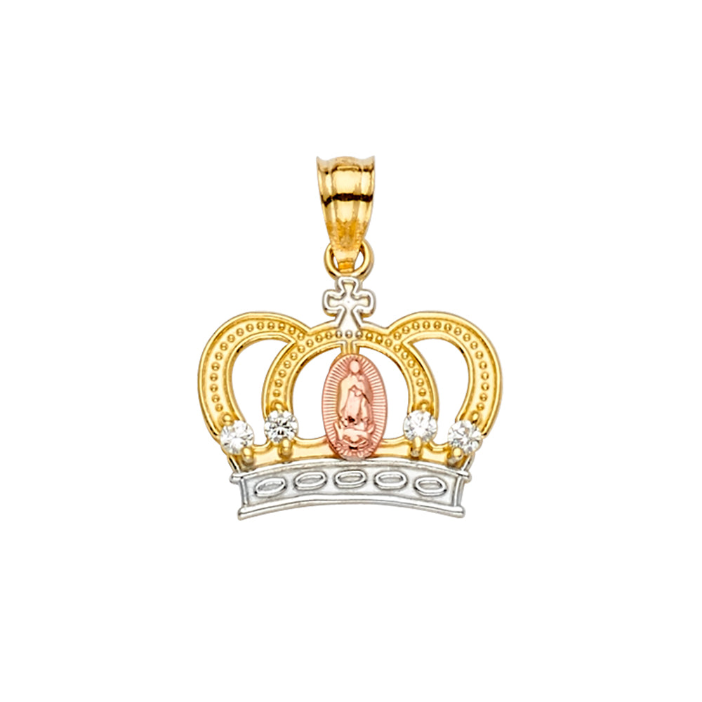 14K Yellow White Rose Gold Guadalupe CZ Crown Pendant