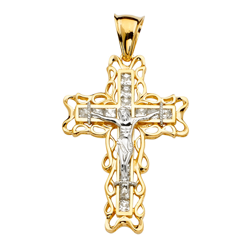 14K Two Tone Goldone CZ Crucifix Cross Pendant
