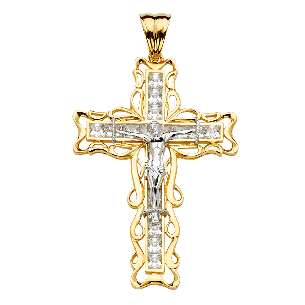 14K Two Tone Goldone CZ Crucifix Cross Pendant