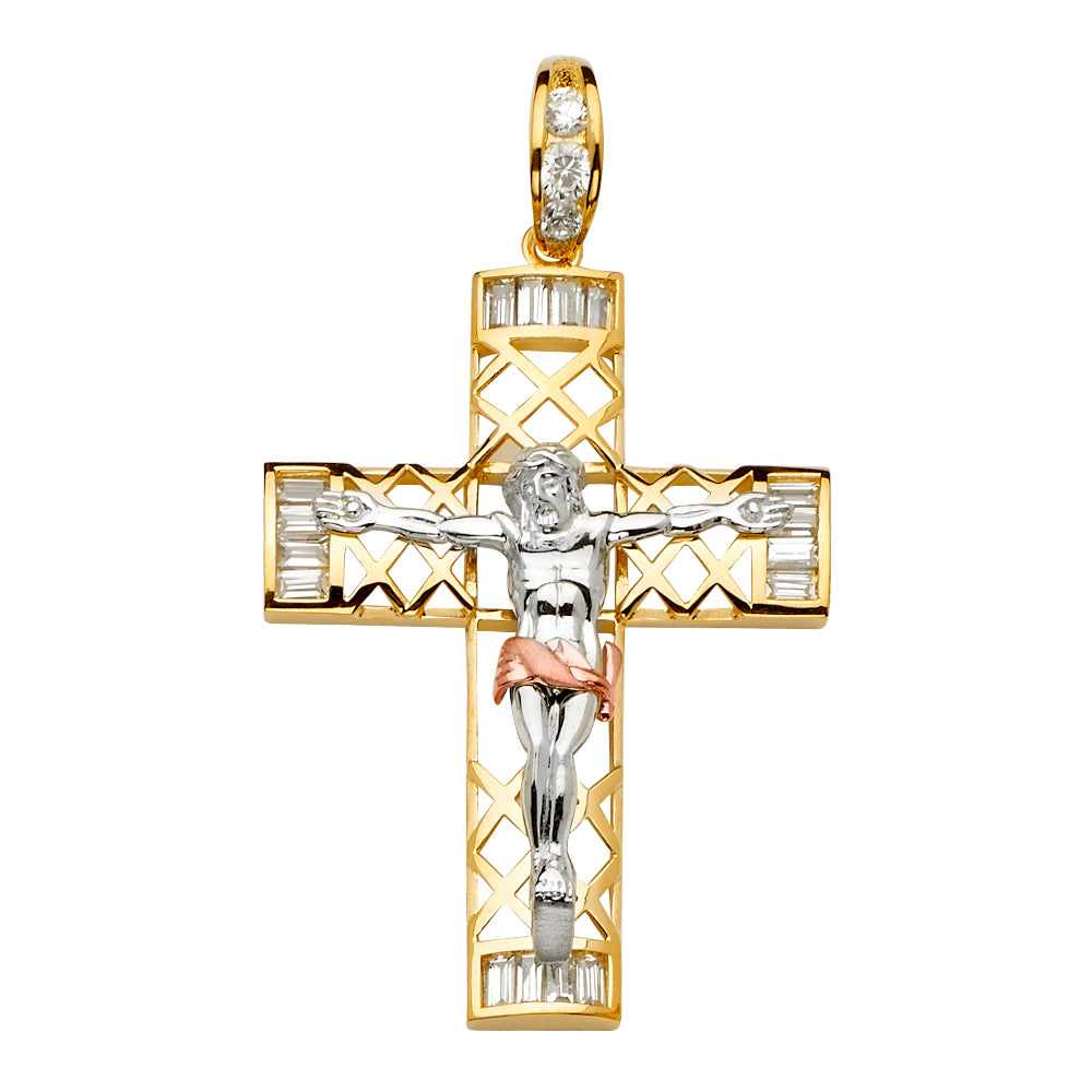 14K Yellow White Rose Goldolor CZ Crucifix Cross Pendant