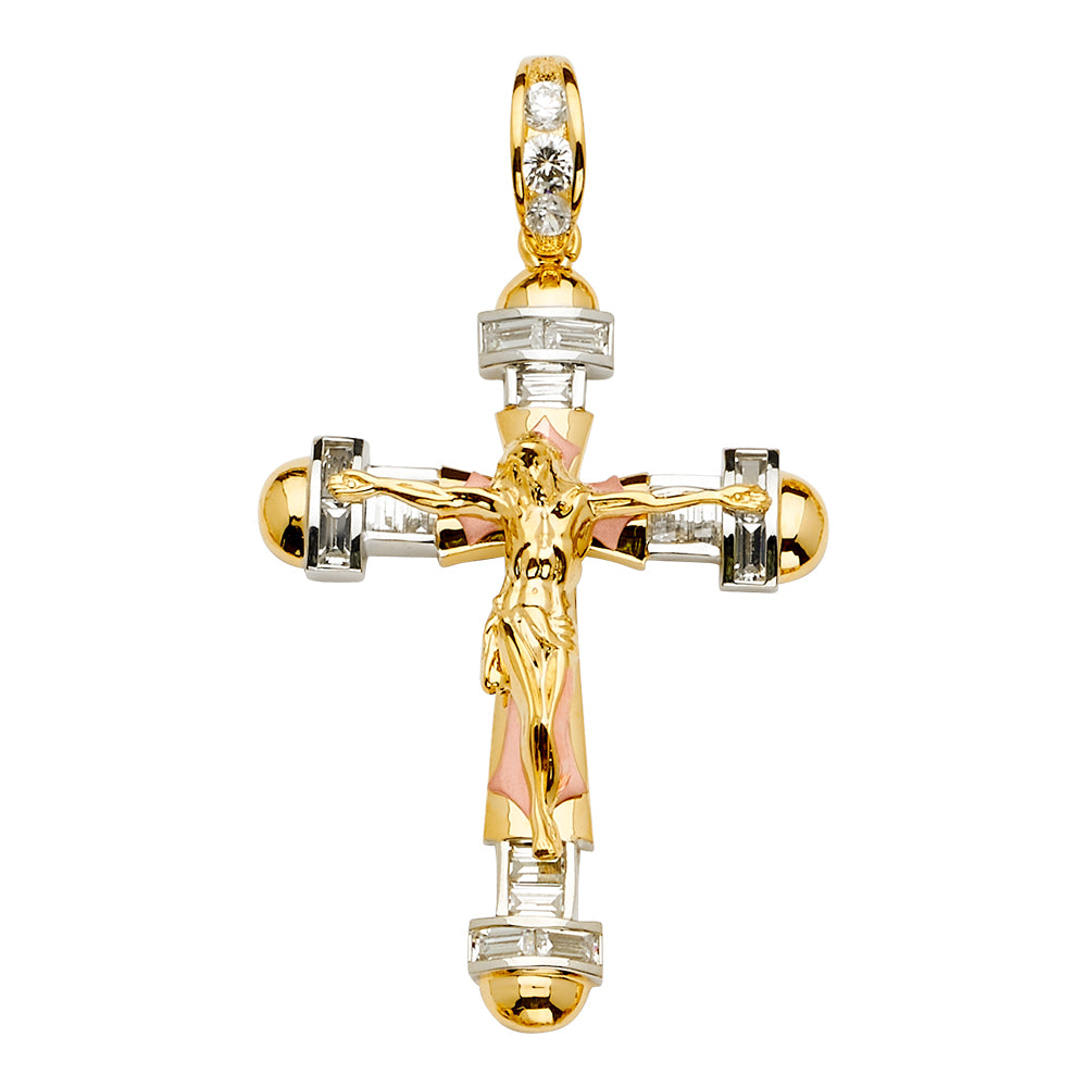 14K Yellow White Rose Goldolor CZ Crucifix Cross Pendant