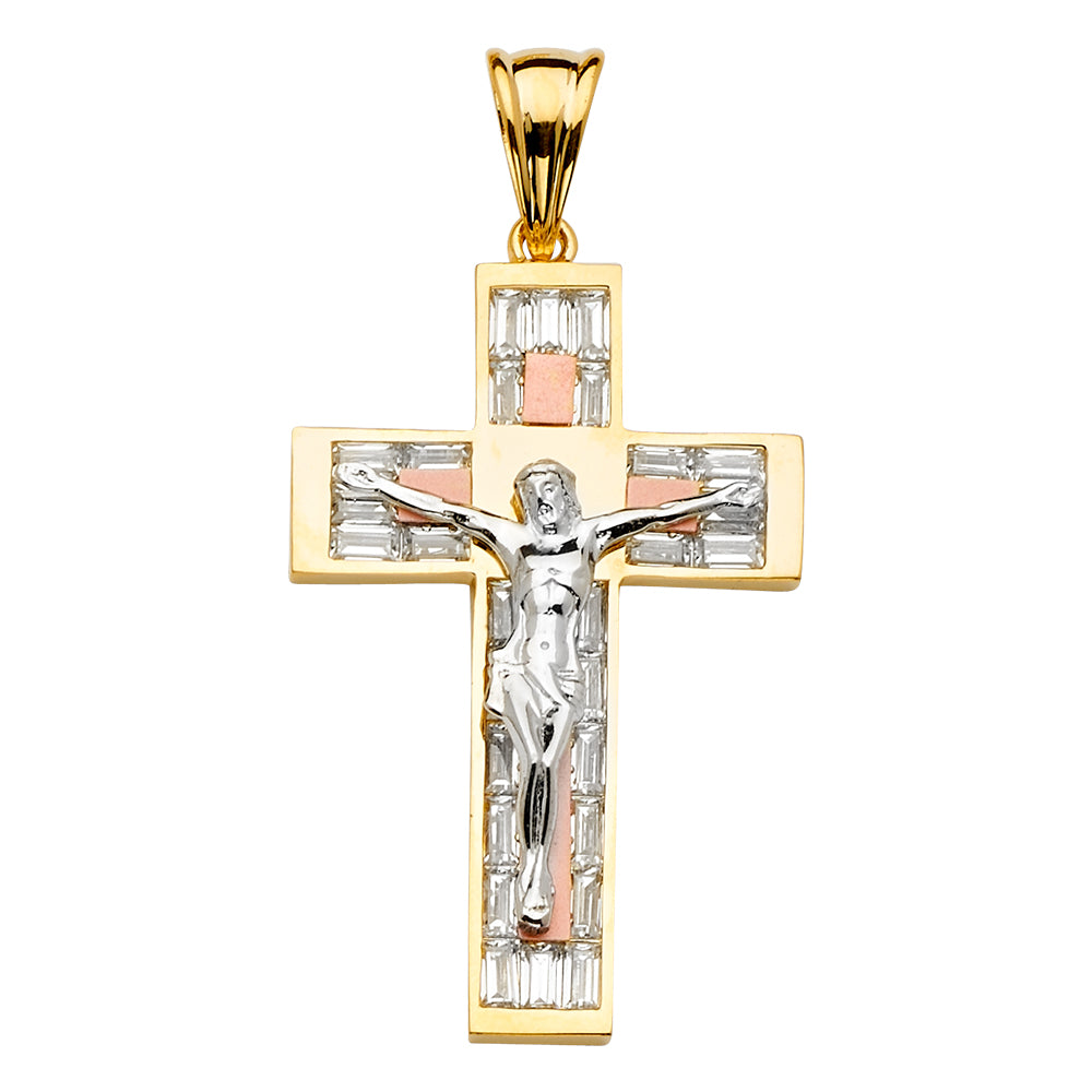 14K Yellow White Rose Goldolor CZ Crucifix Cross Pendant