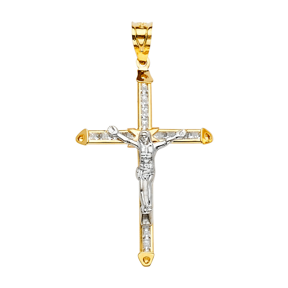 14K Two Tone Goldone CZ Crucifix Cross Pendant