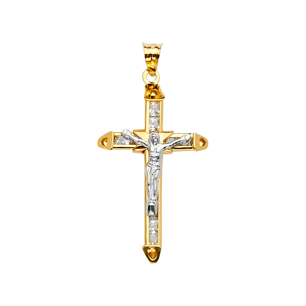 14K Two Tone Goldone CZ Crucifix Cross Pendant