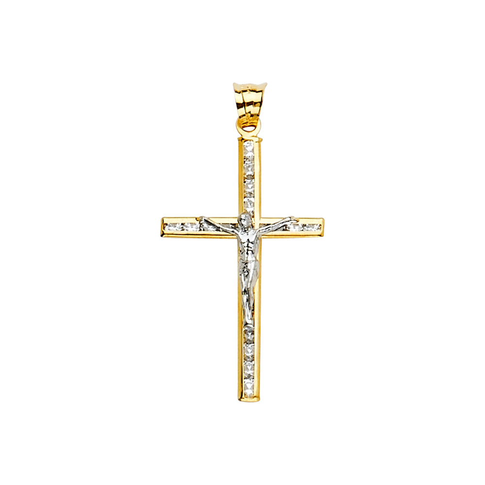 14K Two Tone Goldone CZ Crucifix Cross Pendant
