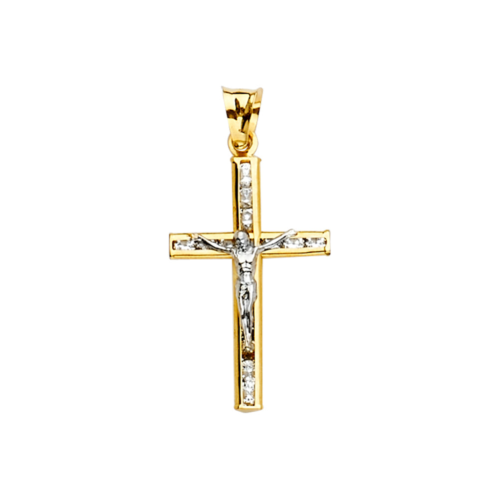 14K Two Tone Goldone CZ Crucifix Cross Pendant