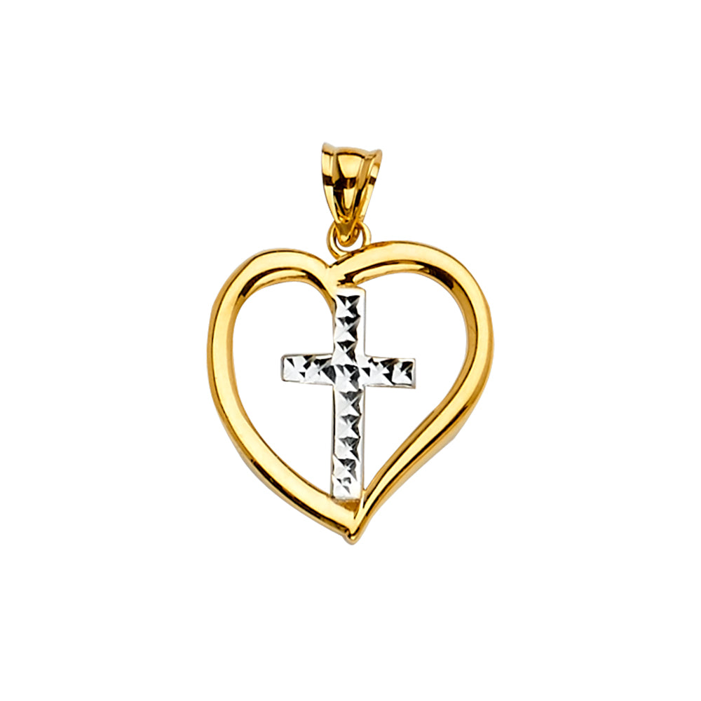 14K Two Tone Goldone Heart Pendant W/Cross