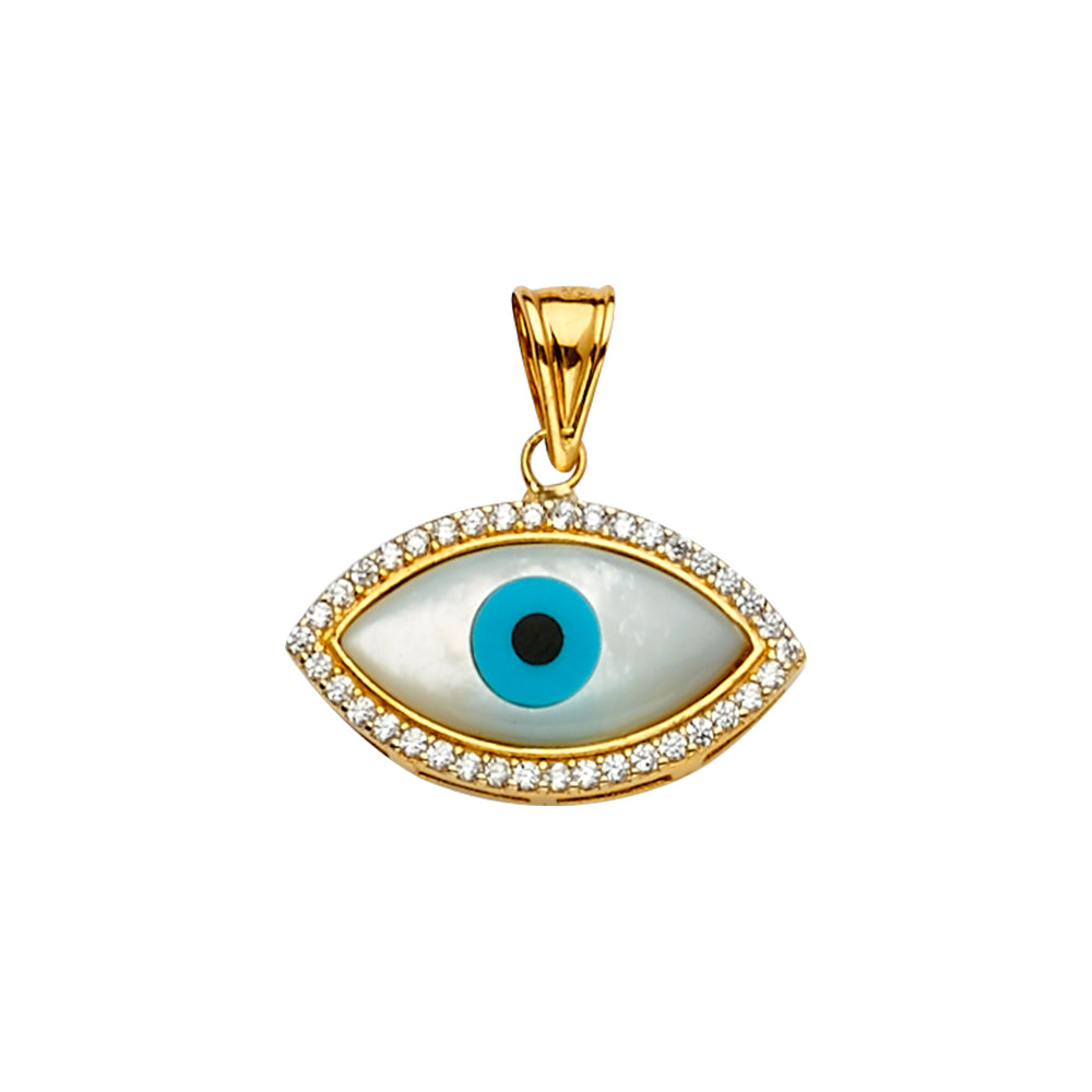 14K Yellow Gold Mop+Cz Evil Eye Pendant