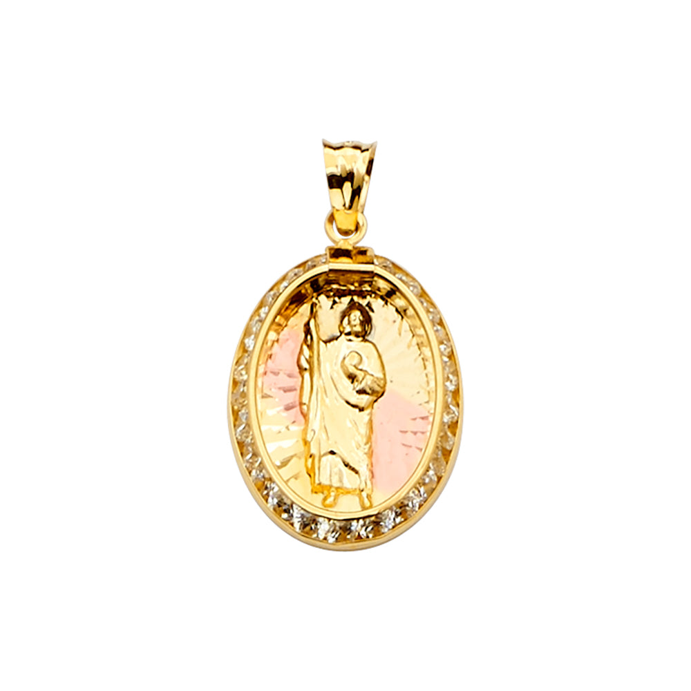 14K Yellow White Rose Goldolor CZ San Judas Medal Pendant