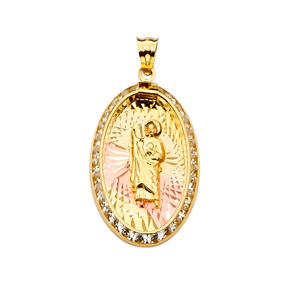 14K Yellow White Rose Goldolor CZ San Judas Medal Pendant