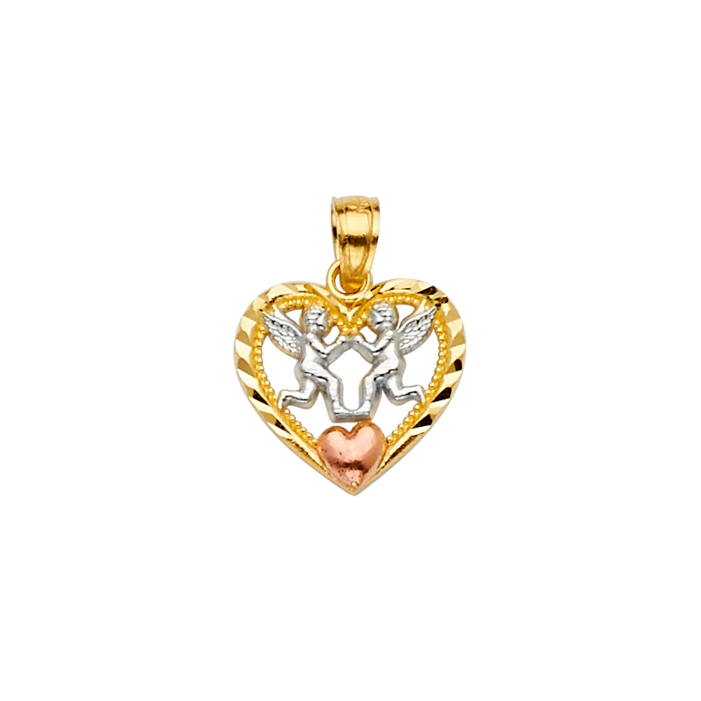 14K Yellow White Rose Gold Heart Pendant W/Angeles